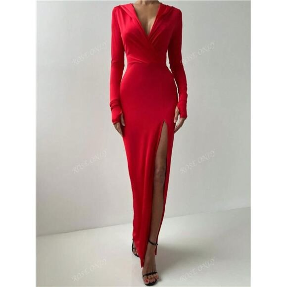 Women's Elegant Solid Red Casual Sexy Hooded Split Dress, Suitable For Daily - Picture 1 of 10